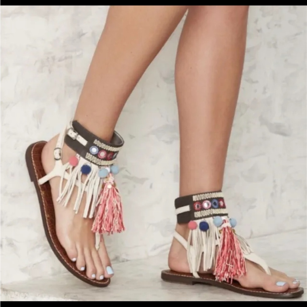 Sam Edelman Cream Fringe Tassel Gladiator Sandals with Pink & Blue Accents